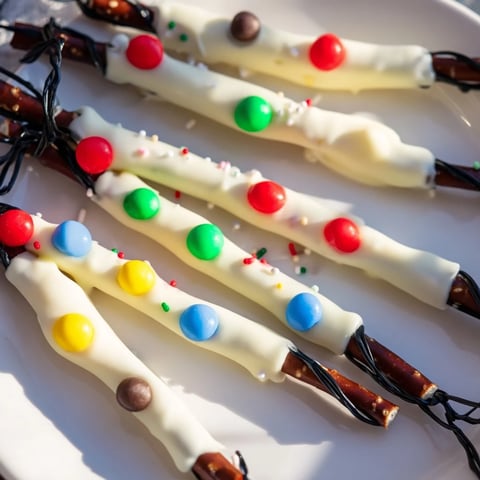 Festive No-Bake Pretzel Sticks Christmas Lights with colorful candy bulbs, ready to eat!