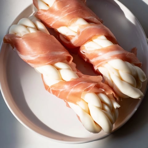 Appetizing view of a braided Nautical Knot appetizer with salty prosciutto and creamy string cheese.