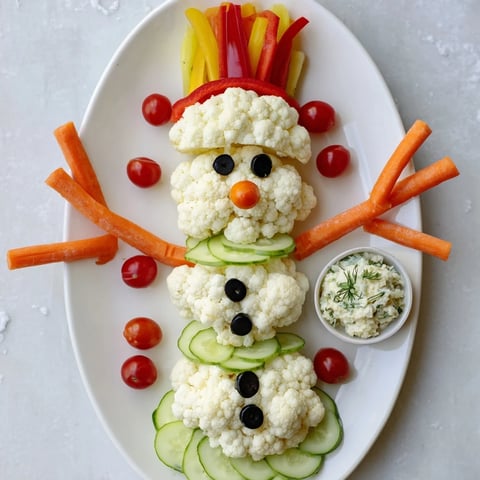Snowman Crudités with Dip: A festive platter of colorful vegetables arranged like a charming snowman.