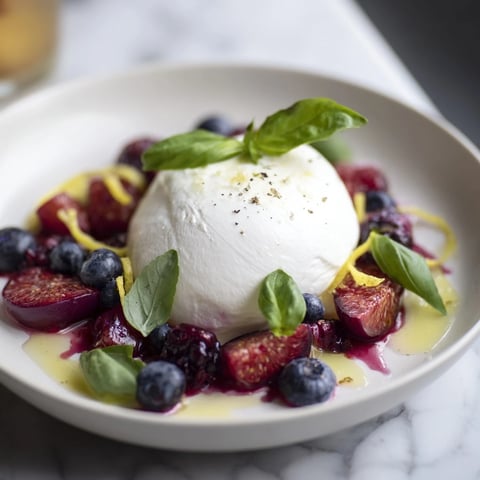 Moonlit Lagoon salad with creamy burrata, juicy grapes, and fresh blueberries, ready to enjoy.