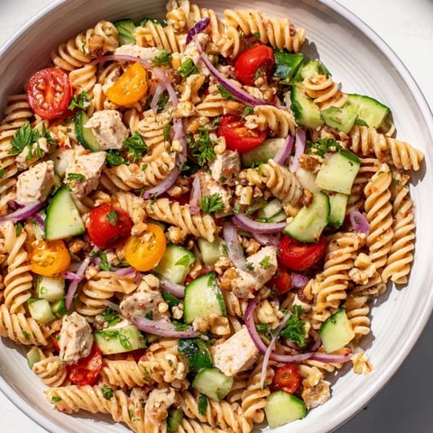 Vibrant Pasta Salad with Cranberry Vinaigrette: a refreshing mix of rotini, chicken, and colorful veggies.
