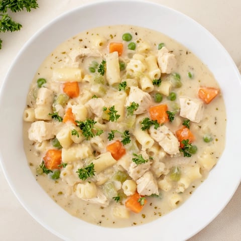 Chicken Pot Pie Pasta Soup, steaming and creamy, features tender chicken and ditalini pasta.