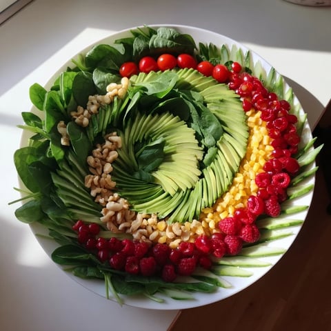 Fresh, vibrant Fibonacci Fan Salad on a round platter, showcasing layered vegetables and creamy avocado.