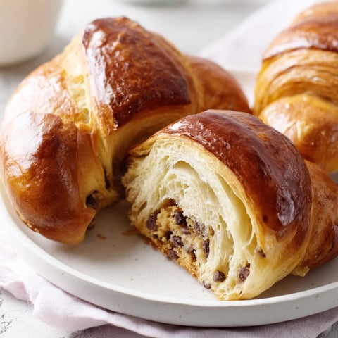 Golden, flaky chocolate cookie croissants with melted chocolate chips, perfect dessert pastry.