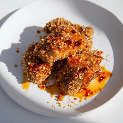 Golden-brown, crispy Hot Honey Crispy Chicken Thighs glistening with spicy, sweet glaze, perfect dinner.