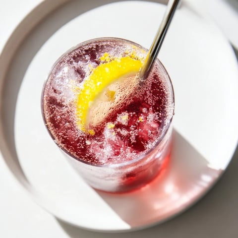 A vibrant Sleepy Girl Mocktail: dark cherry juice with ice, fizzy bubbles, and lemon garnish.