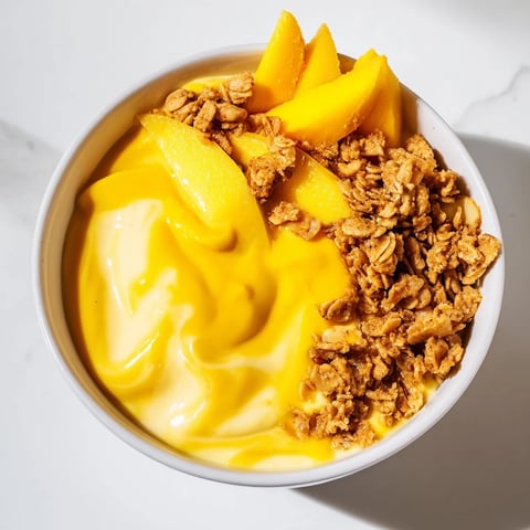 Creamy, blended Mango Overnight Oats topped with golden granola and fresh mango, ready to eat.