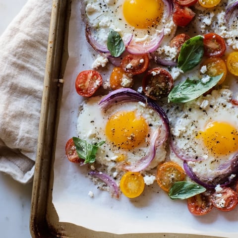 Sheet pan of Tomato Feta Baked Eggs, a flavorful brunch with runny yolks and fresh basil.