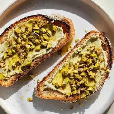 Toasted bread piled high with creamy pistachio butter, drizzled honey, and crunchy pistachios.