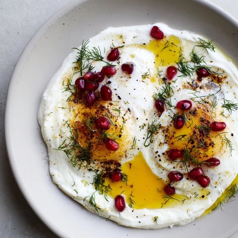 Vibrant plate of Çılbır with sumac butter, creamy yogurt, bright pomegranate, and perfectly poached eggs.