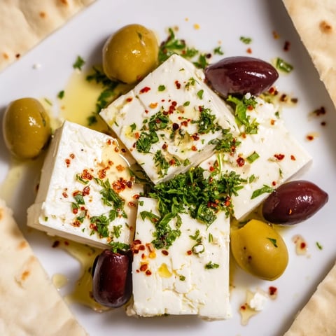 A close-up of a Turkish Olives & Cheese Board, brimming with olives, cheeses, and warm pita.