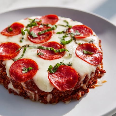 Sizzling Meat Pizza Pepperoni Stack with melted mozzarella and perfectly crisp pepperoni topping a beef patty.