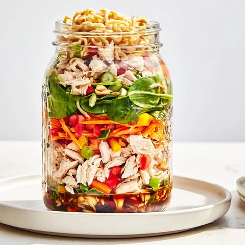 Layered Mason Jar Noodle Meal Prep featuring colorful vegetables and cooked chicken, ready to grab.