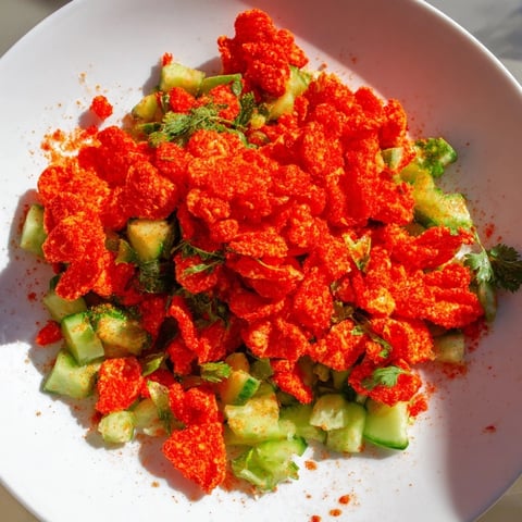 A vibrant bowl of Flamin Hot Cheeto Salad with cool cucumber and zesty lime dressing.