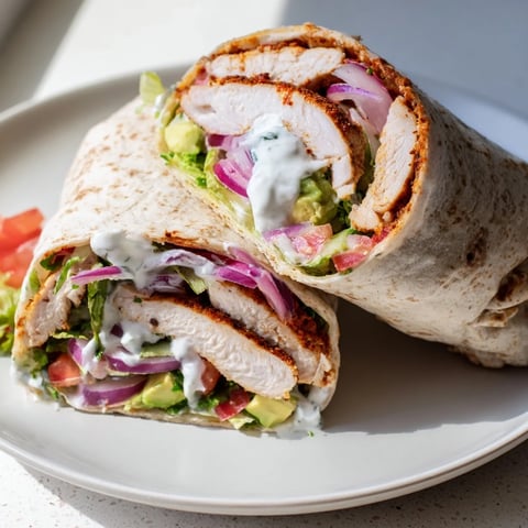 Smoky chipotle chicken wraps, sliced, with visible juicy chicken, avocado, and creamy Greek yogurt.