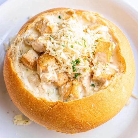 Golden, crusty Chicken Alfredo Bread Bowl brimming with creamy Alfredo sauce and tender chicken, topped with Parmesan.