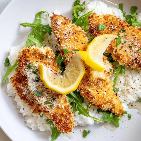 Golden, crispy Parmesan Chicken Cutlet Bowl with fresh arugula and a bright lemon squeeze.