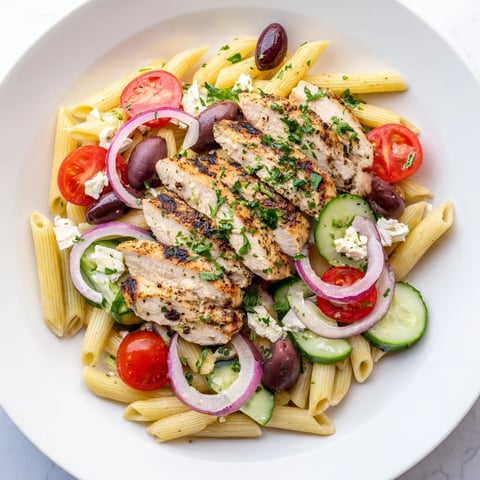 Greek Chicken Pasta Bowl, a bright medley of pasta with grilled chicken and fresh vegetables.