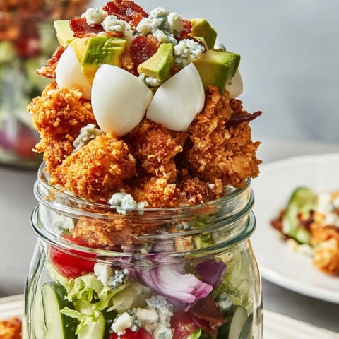 Layered Crispy Chicken Cobb Jar Salad with golden chicken, bacon crumbles, and creamy dressing, perfect for lunches.