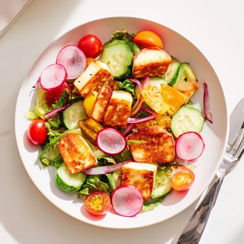 A vibrant Halloumi Blood Orange Fattoush salad with golden-fried cheese, juicy citrus, and crisp sourdough croutons on fresh greens.  
