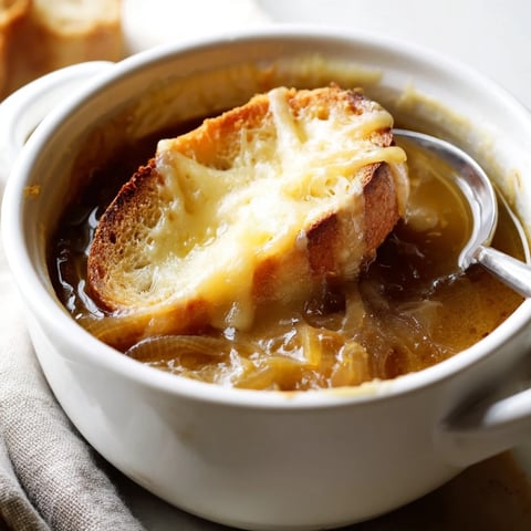 A close-up view of French onion soup in a ceramic bowl, featuring deeply caramelized onions swimming in rich beef broth, topped with a slice of crusty bread and bubbling, melted Gruyère cheese.