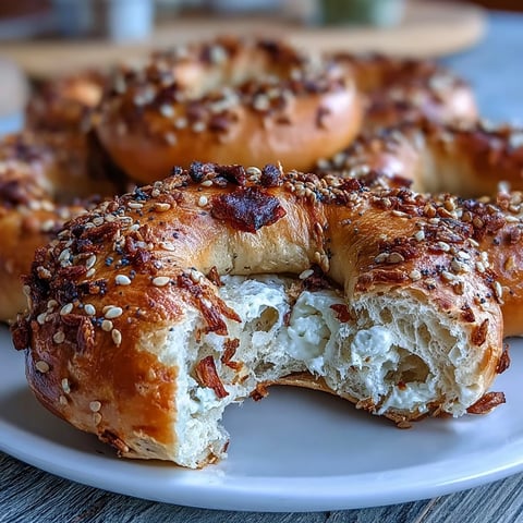 Freshly baked Greek Yogurt Bagels, golden-brown and puffed, perfect for a high-protein breakfast with everything seasoning on top.