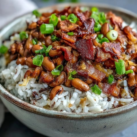 Steaming Hoppin John with fluffy white rice, crispy bacon bits, and fresh sliced scallions on top.