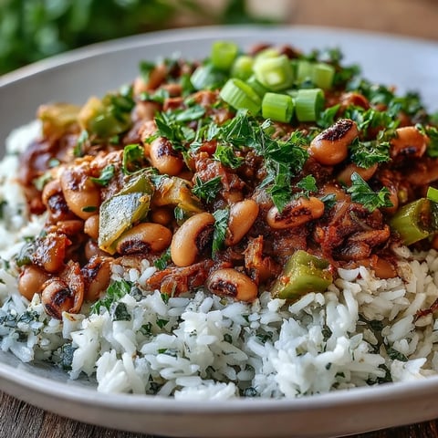 Vegetarian Hoppin John served over fluffy rice, garnished with fresh parsley, green onions, and a lemon wedge for a bright finish.