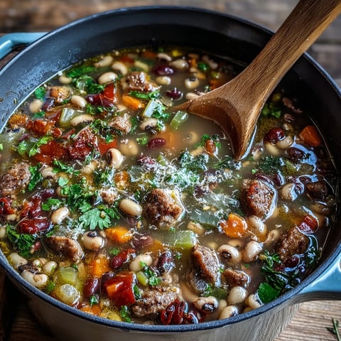 Rustic Black-Eyed Peas and Sausage Soup simmering in a pot with Italian sausage, diced carrots, and celery.