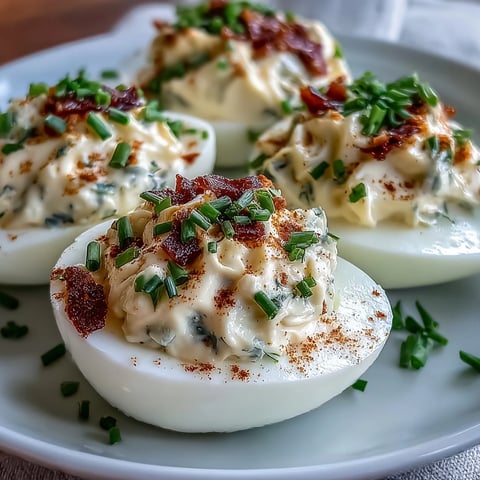 Million Dollar Deviled Eggs garnished with paprika and fresh chives, served chilled on a white platter.