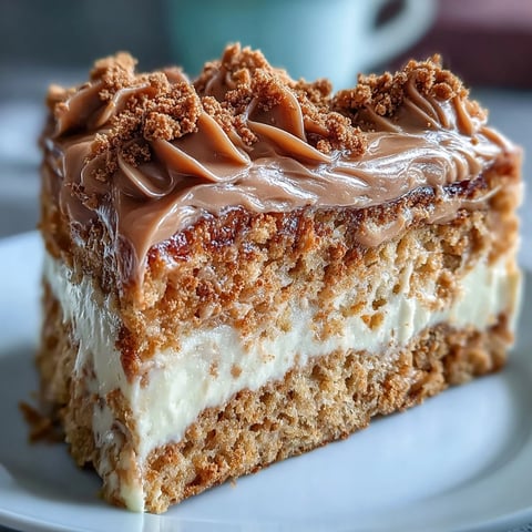 A close-up view of a Decadent Baked Biscoff Cake, showcasing its tender crumb and creamy Lotus frosting.