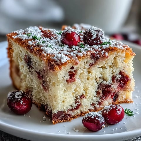 Freshly baked Cranberry Orange Breakfast Cake with a tender crumb, vivid orange zest, and tart cranberry bursts dusted with powdered sugar.