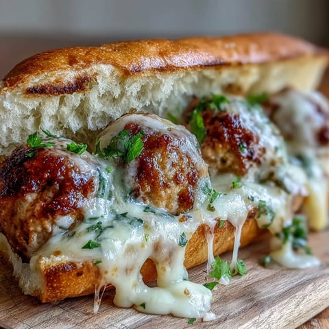 Golden-baked turkey meatballs simmer in creamy garlic-Parmesan sauce, ready to fill toasted hoagie rolls.