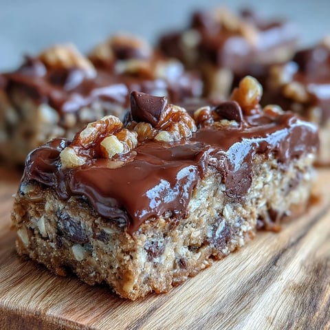 Golden-baked Chunky Monkey Protein Oat Bars with melted dark chocolate chips, chunks of banana, and chopped walnuts on a rustic wooden board.