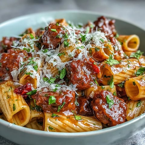 Creamy One-Pot Creamy Red Wine Sausage Pasta with penne and fresh basil garnish.