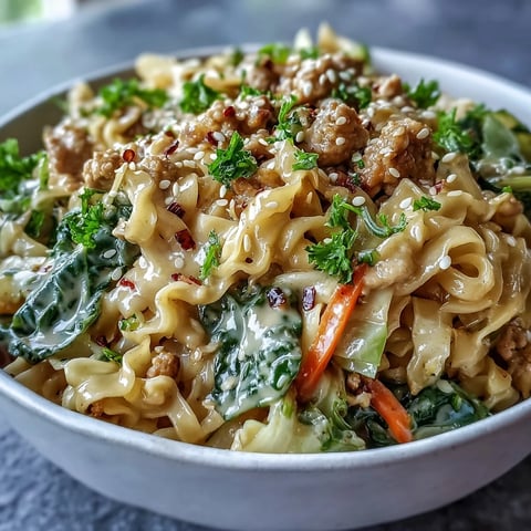 Creamy Potsticker Noodle Stir-Fry combines ground turkey, crunchy coleslaw mix, and ramen noodles, tossed in a rich sesame sauce and garnished with sliced green onions.