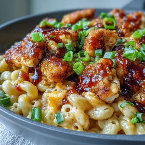 Golden brown chicken pieces coated in sticky honey BBQ sauce simmer in a cast iron skillet before being mixed with creamy cheddar pasta.