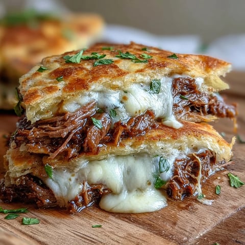 Garlic butter brushed naan sandwiches melted provolone and tender slow cooker beef, served warm for dipping into rich jus.