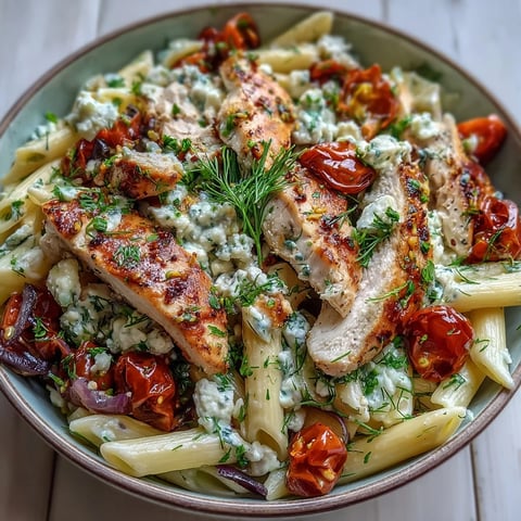 Golden roasted chicken and blistered cherry tomatoes tossed with penne in a creamy roasted garlic feta sauce, finished with fresh herbs.