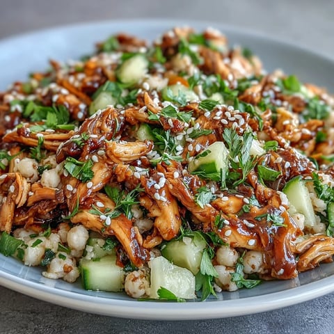 A vibrant Asian Sesame Chicken Couscous Salad in a white bowl, featuring tender pearl couscous, shredded chicken, crisp cucumber, and carrots.