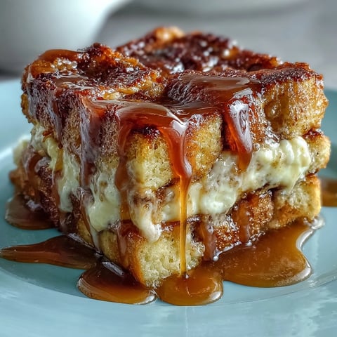 Freshly baked Caramel Cream Cheese French Toast Casserole bubbling with golden brioche and rich caramel drizzle. 