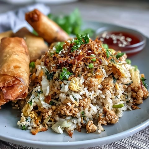 Freshly scrambled eggs and crisp cabbage mix with minced chicken and fluffy jasmine rice in this savory Crispy Chicken Fried Rice with Egg Roll Flavors.