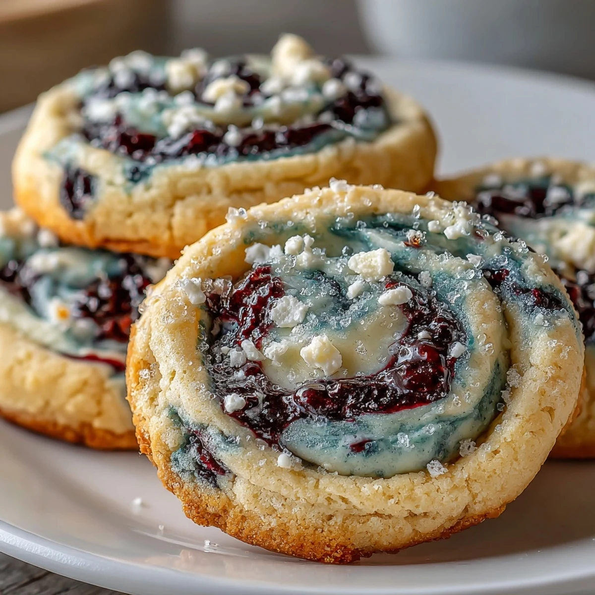 Easy Blueberry Cheesecake Swirl Cookies fresh from the oven, showing golden edges and a creamy marbled center on a rustic wooden board.