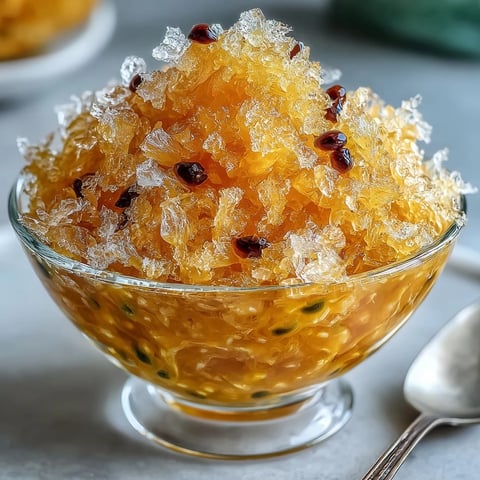 Frozen Passionfruit Granita dessert in a glass with flaky ice crystals and fresh mint garnish