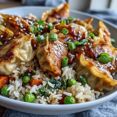 Golden-brown Trader Joe's dumpling fried rice with peas, carrots, and fluffy rice in a skillet, topped with fresh green onions and sesame seeds.