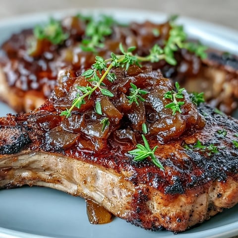 Four seared lamb chops topped with sweet, tangy onion jam glaze and fresh thyme