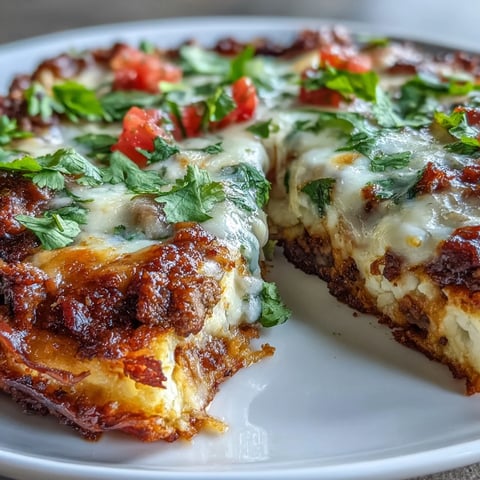 Golden-brown cheesy cauliflower crust topped with seasoned taco meat and melted cheddar in a skillet.