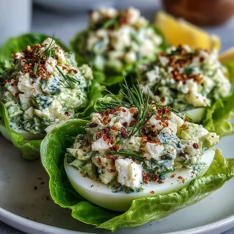 Crisp butter lettuce boats filled with creamy Keto Avocado Egg Salad, topped with crunchy everything bagel seasoning.