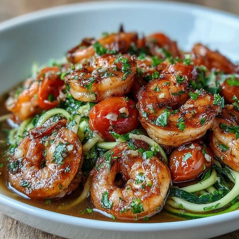 Steamed zucchini noodles and pink shrimp soak in a bubbling lemon-garlic broth inside a warm skillet.