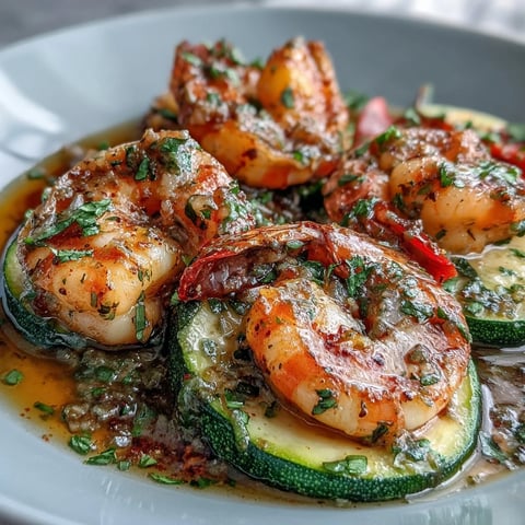 Perfectly baked Keto Lemon Butter Garlic Shrimp Packets with Zucchini on a baking sheet, steam rising.